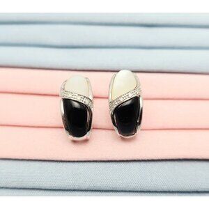 Unique 14K Solid White Gold Mother of Pearl, Onyx & Diamond French Clip Earrings
